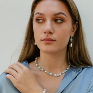 Exklusives Schmuckset aus Aquamarin, Swarovski und Naturperlen