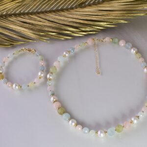 Halskette un Armband aus Beryll (Morganit-Aquamarin-Heliodor)